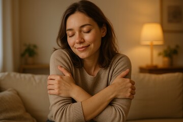 Serene woman embraces herself, finding comfort and warmth in a gentle, calming moment at home