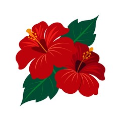 Red Hibiscus Pair &ndash; Tropical Five-Petal Flowers with Yellow Stamens and Green Leaves