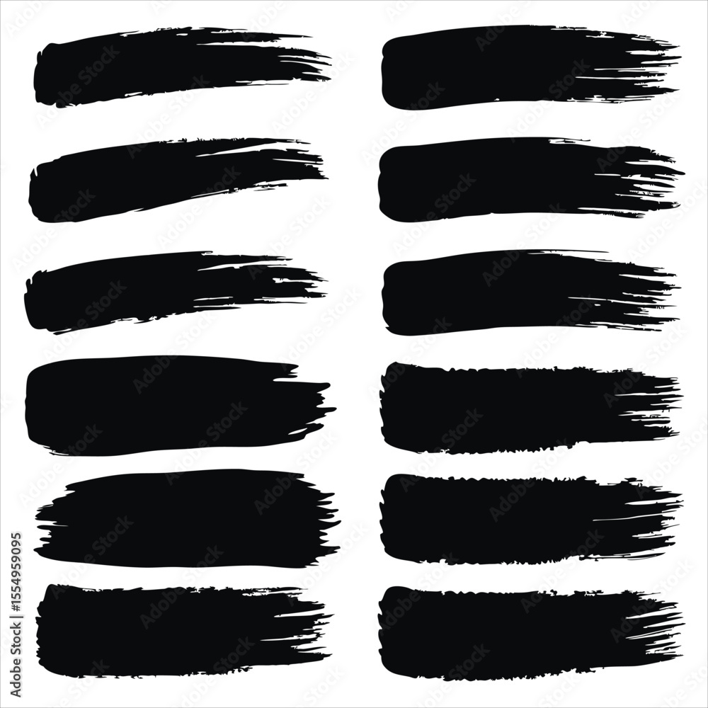 Poster collection of twelve black brush stroke elements with a rough texture and irregular edges isolated o