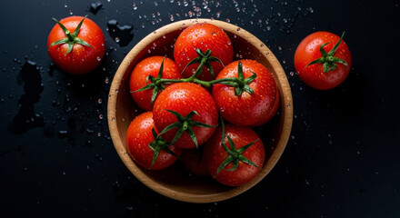 Fresh Red Tomatoes in a Wooden Bowl on Dark Surface Food Still Life With Water Droplets and Sea Salt Sprinkled Around For Healthy Eating