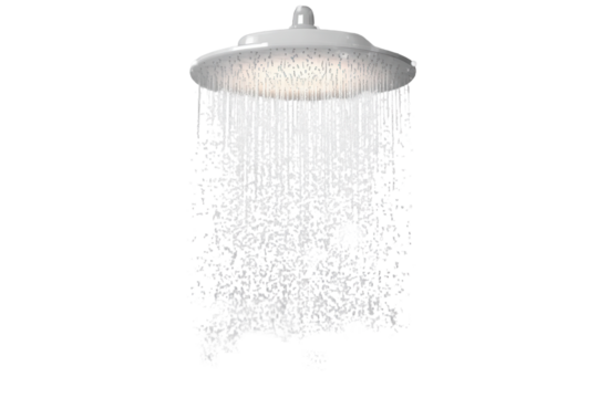 Water cascades from a shower head against a transparent backdrop highlighting the stream's clarity and intensity in a serene environment