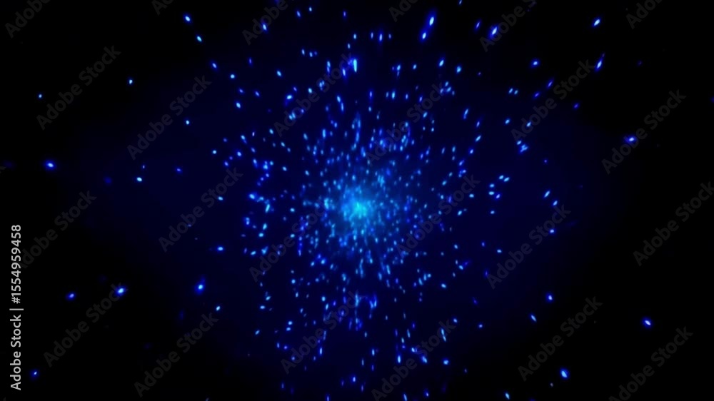 Poster neon blue particles orbiting dynamic spiral pattern with glowing dots and energetic motion create vi