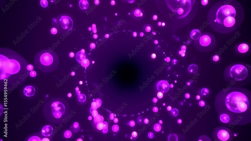 Poster vibrant cosmic digital art featuring glowing purple orbs orbiting abstract light patterns with dynam