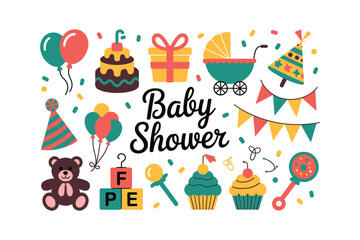Baby Shower Icon Set Colorful Balloons Cake Gifts Teddy Bear Stroller Party Hat Confetti