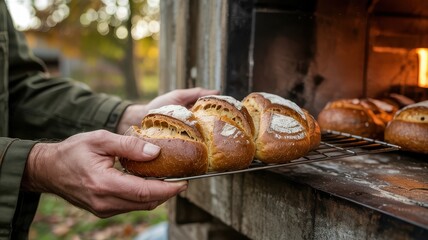A hand holds a fresh loaf of bread just pulled from an outdoor wood-fired oven. Warm, rustic baking scene with glowing fire.