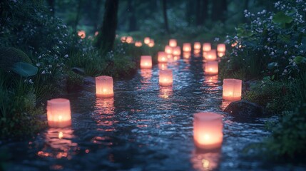 A stream in a misty forest, lit by numerous floating lanterns