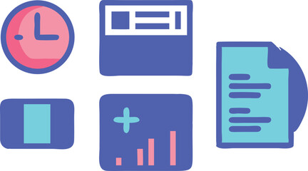 Essential Retro Computing Icons A Collection of Vintage Digital Clock, Floppy Disk, File, Bar Chart and Plus Icon Designs