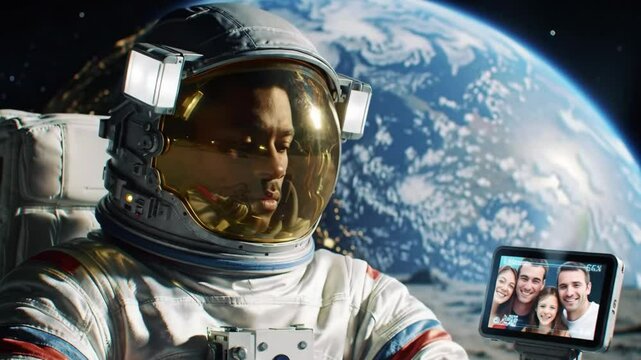 Astronaut on the moon has a video call with his family on a tablet.