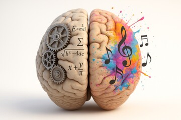 Conceptual brain art contrasts logic with gears, math and creativity with colorful music notes.