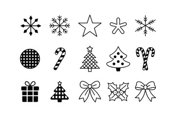 Black and White Christmas Icon Set Snowflake Star Candy Cane Tree Bow Gift Holly