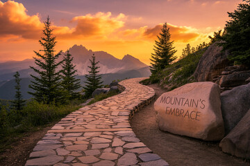 Winding Stone Mountain Path at Sunset with Evergreen Trees and Distant Peaks (2)