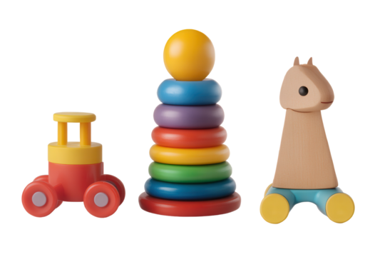 Colorful collection of classic toddler toys featuring a stacking ring, horse figure, and a playful car ready for imaginative play and learning at home or daycare