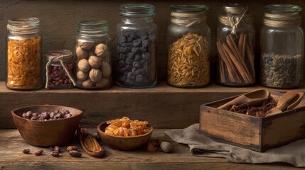 Fototapeta premium Glass jars filled with spices and seeds on rustic wooden shelf with warm lighting