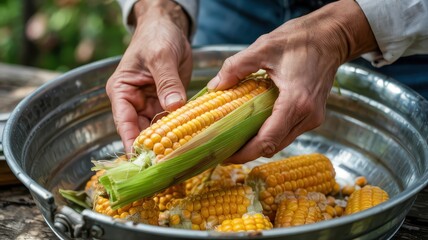 Close-up of hands peeling fresh yellow corn on the cob, with several ears in a metal tub, showcasing farm-fresh produce and harvest preparation.