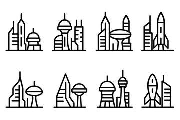Fototapeta premium Modern futuristic city skyline collection featuring rocket and observation towers, vector illustration