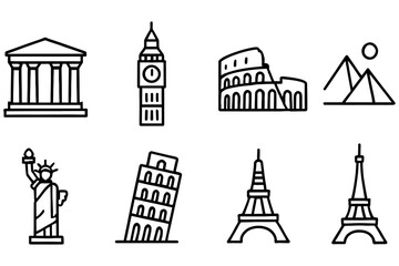 Iconic landmarks line art collection featuring famous structures around the world, vector illustration