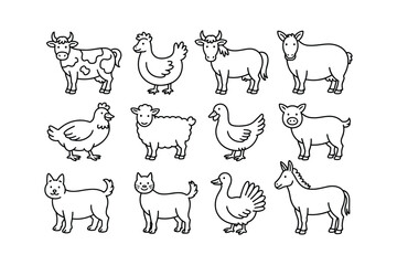 Black and White Farm Animal Icon Set Cow Chicken Bull Donkey Pig Sheep Hen Dog Cat Turkey Mule