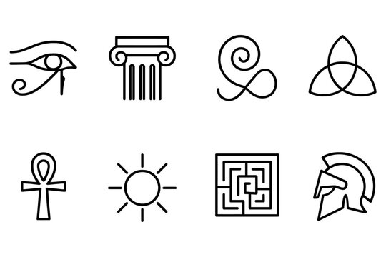 Ancient symbols and icons collection featuring greek and egyptian motifs, vector illustration
