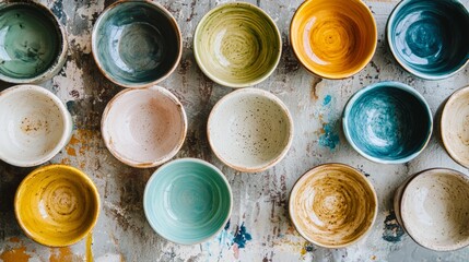 Colorful handmade ceramic bowls arranged on table with top view and textured background