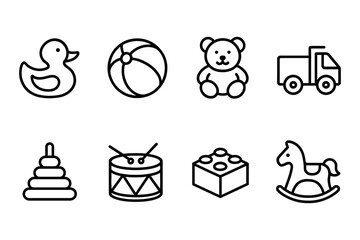 Collection of classic children's toys icons including duck, ball, bear, and more, vector illustration