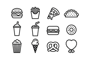 Black and White Fast Food Icon Set Burger Fries Pizza Taco Soda Popcorn Ice Cream Pretzel Chicken