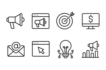 Digital marketing and advertising icons representing email, seo, and analytics, vector illustration
