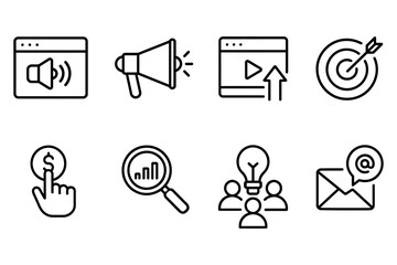 Digital marketing icons set featuring seo, email, and analytics concepts, vector illustration