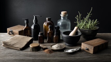 Collection of glass apothecary bottles and mortar with herbs on rustic wooden table scene