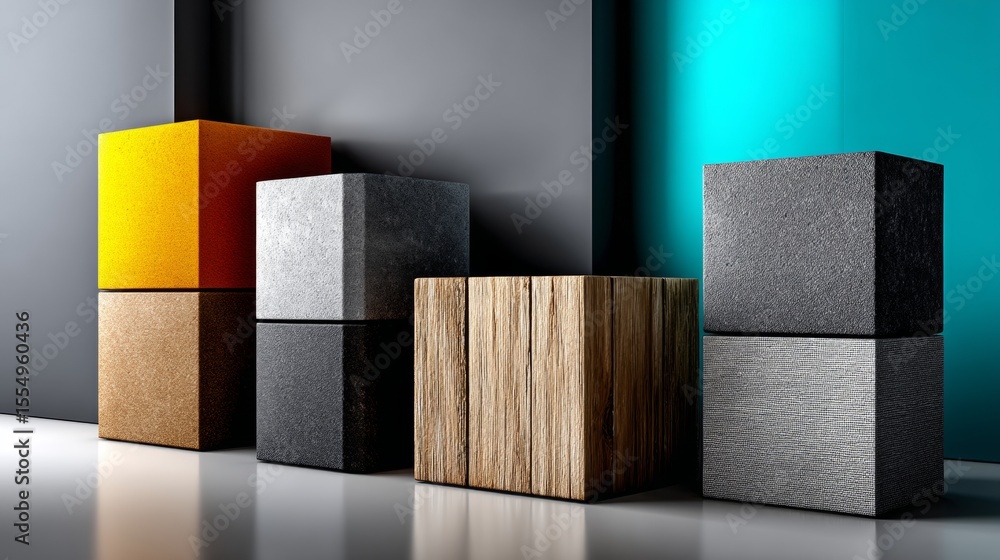 Poster modern architectural cubes in vibrant color palette displayed on glossy surface with reflections