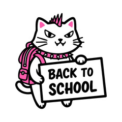punk style cat with a back to school sign funny cartoon illustration