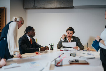 Business people engaged in a collaborative meeting in a modern office setting, analyzing data and...