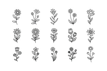 Black and White Floral Icon Set Simple Line Art Flower Designs Botanical Illustrations