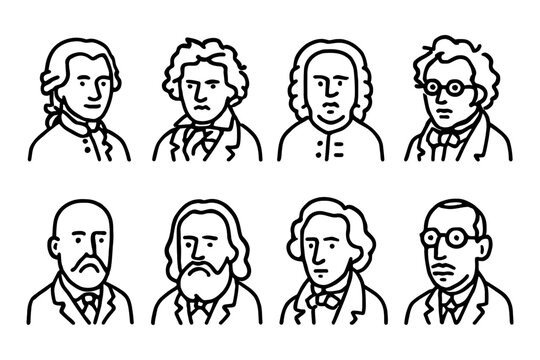 Portraits of famous classical music composers in minimalist line art style, vector illustration