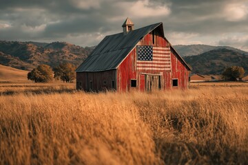 Faded American flag painted on weathered red barn in tall grass