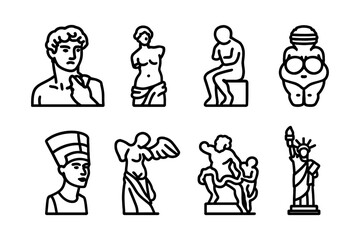 Iconic sculptures and statues line art collection, celebrating timeless artistry and cultural heritage, vector illustration