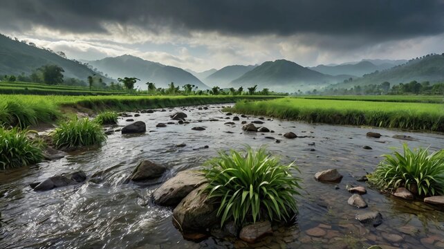 Serene Mountain Stream in Lush Green Valley - Nature Landscape