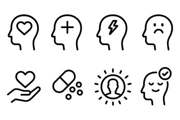 Mental health and wellness icon set reflecting emotional and psychological wellbeing, vector illustration
