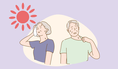Vector illustration of an elderly couple feeling hot and sweating under a strong sun. This image depicts the effects of a heatwave or hot weather on seniors. The woman is wiping her forehead with a to