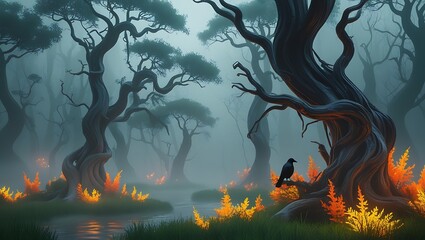 A crow perches amidst a misty forest with twisted trees and glowing foliage, creating an ethereal atmosphere.