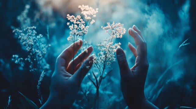 Silhouette of hands reaching glowing wildflowers in magical forest atmosphere with blue moonlight haze