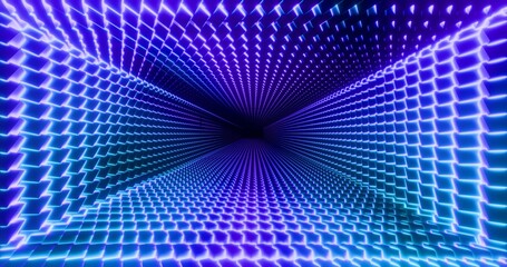 Futuristic glowing neon illuminated waving cube background. Shining multicolor geometric lines inside corridor in perspective. Bright retro digital cyberspace. 3D rendering.