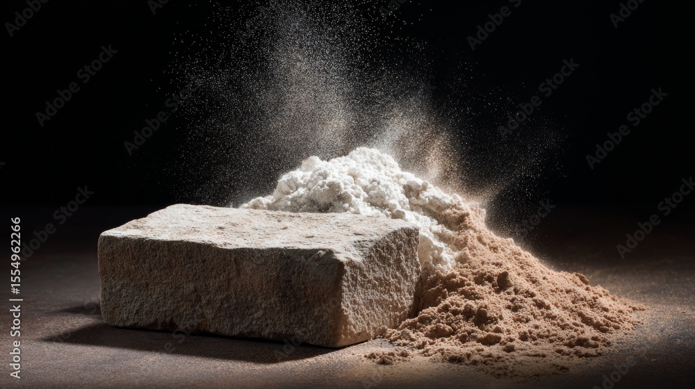 Poster block of powder exploding upward creating cloud of dust over dark background for abstract food conce
