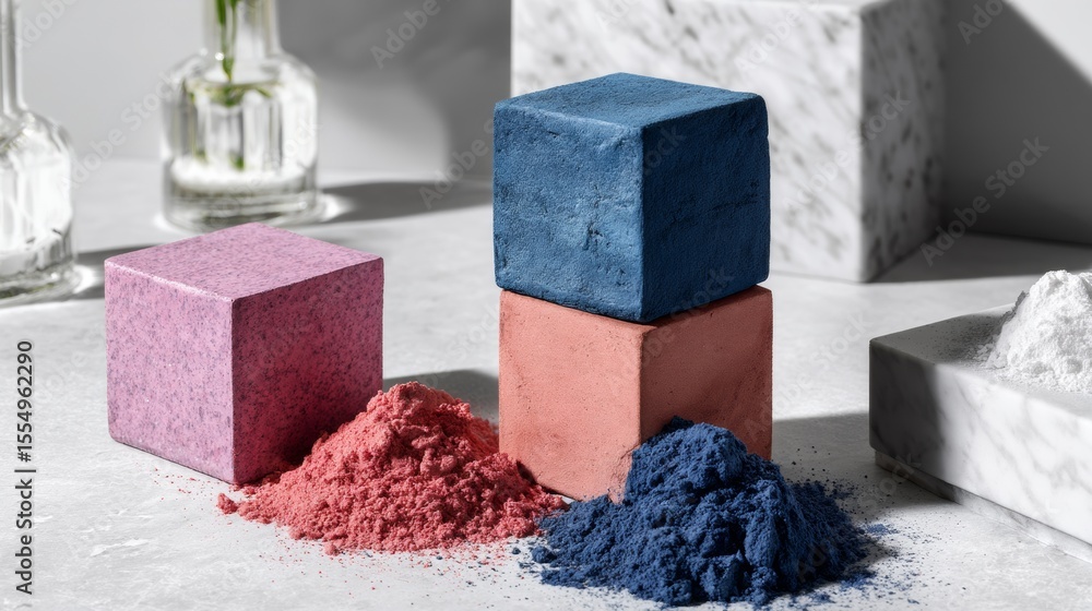 Aufkleber pastel cubes and powdered pigments arranged on neutral surface with shadows for artistic design disp