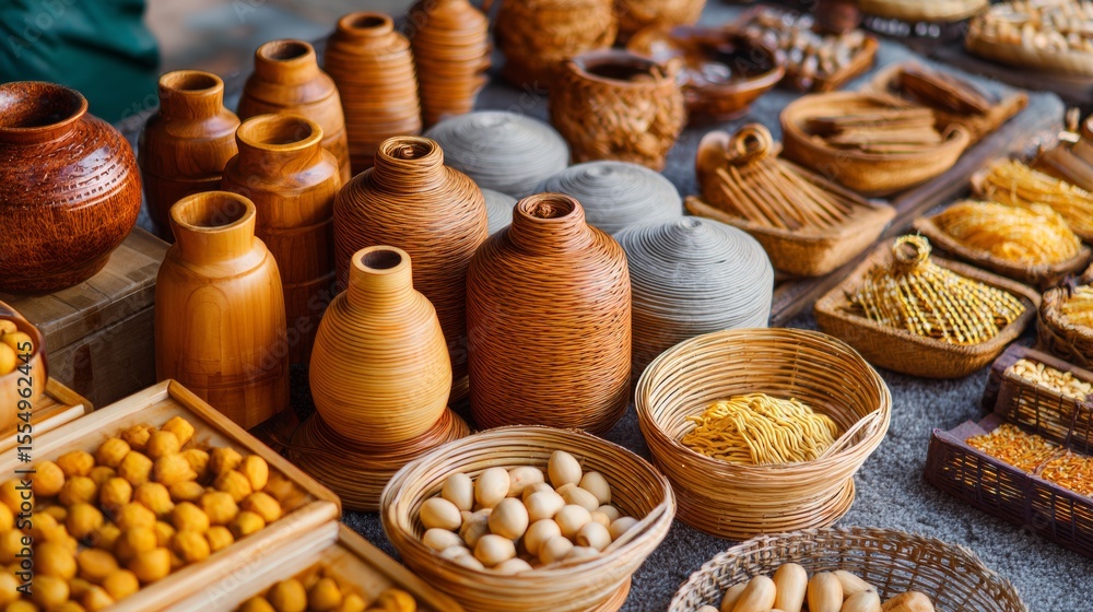 Poster spices and grains displayed in handmade ceramic containers in colorful market style rustic environme
