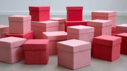Obraz premium Stacked pink red square gift boxes arranged symmetrically on white floor in colorful minimalist setting