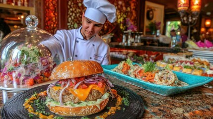 Elegant burger presentation under glass cloche serves guests at luxurious restaurant dinner, creating an inviting atmosphere with smoke rising inside