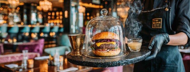 Elegant burger presentation under glass cloche serves guests at luxurious restaurant dinner, creating an inviting atmosphere with smoke rising inside