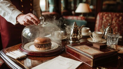 Elegant burger presentation under glass cloche serves guests at luxurious restaurant dinner, creating an inviting atmosphere with smoke rising inside