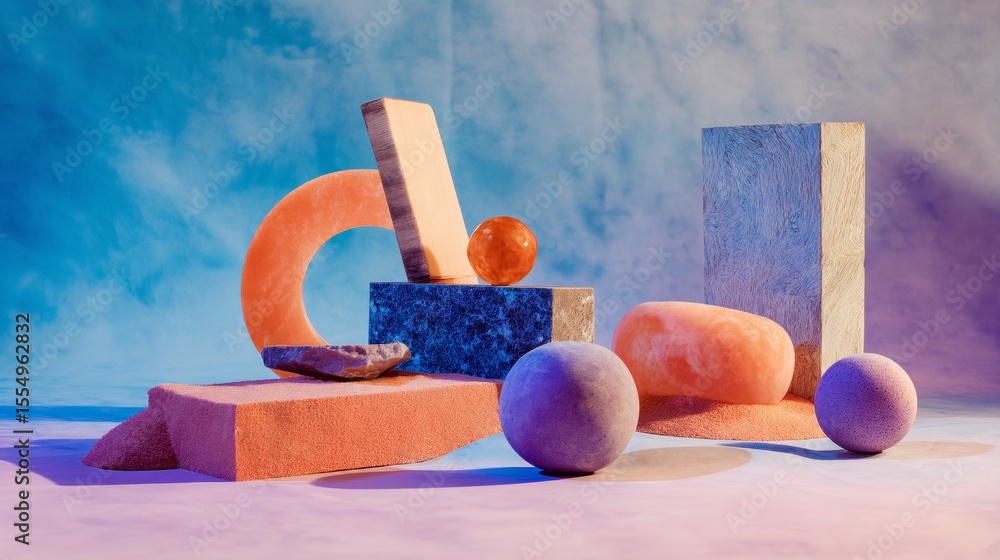 Poster abstract geometric composition with colorful cylinders and spheres on gradient pastel surface minima