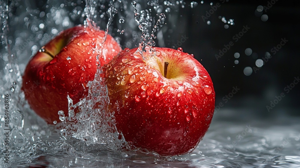 Poster red apples splashing in water with high-speed photography style capturing freshness and crisp juicy 